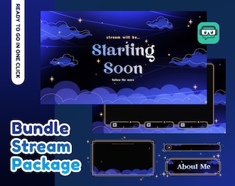 Aurel Night Animated Stream Package Twitch Bundle, Night Sky Overlay, Starry Dreamy Vtuber Ovelay, Dark Blue Cosmic, Cloud, Galaxy Night Sky