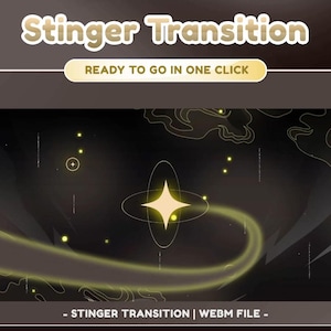 May include: A digital graphic with the text "Stinger Transition" and "Ready to go in one click." The image features a glowing starburst design with a flowing, curved line and small yellow dots against a dark background. The bottom text reads "- STINGER TRANSITION | WEBM FILE -."