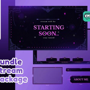 May include: A digital stream package with a dark purple and black theme. The main screen displays "Starting Soon" in pink text. Additional elements include overlay screens, buttons, and the text "Bundle Stream Package."