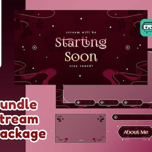 May include: A burgundy and pink stream package with the text "Starting Soon" and "About Me". The package includes overlays and a banner. The words "Bundle Stream Package" are also visible.