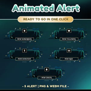May include: Five animated alert graphics for Twitch or YouTube streams. The graphics are in a dark green and black colour scheme with gold accents. The graphics feature icons for new subscriber, new follower, new donation, new cheer, and new raid.