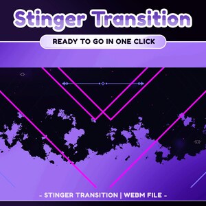 May include: A digital graphic with the text "Stinger Transition" in a purple, stylized font. Below, the text "READY TO GO IN ONE CLICK" is displayed. The background features a dark, starry sky with bright pink geometric lines and cloud-like shapes.