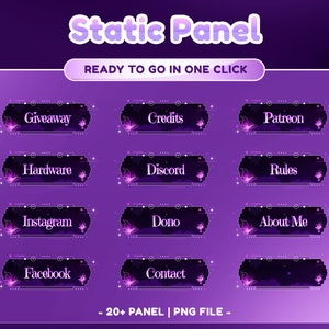 Op de afbeelding: Een set van 12 paarse en witte Twitch-panelen met een vlinderontwerp. De panelen bevatten tekst zoals "Giveaway", "Credits", "Patreon", "Hardware", "Discord", "Rules", "Instagram", "Dono", "About Me", "Facebook" en "Contact".