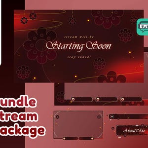May include: A digital stream overlay bundle featuring a dark red gradient background with floral patterns, glowing particles, and thin lines. Text includes "stream will be Starting Soon", "stay tuned!", and "About Me" on various rectangular frames.