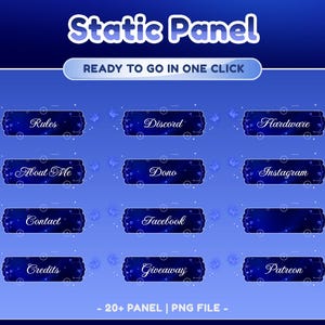 Op de afbeelding: Een digitale afbeelding met een blauwe gradiënt achtergrond en de tekst "Static Panel". Het bevat negen donkerblauwe panelen met witte tekstlabels zoals "Rules", "Discord" en "Hardware". De tekst "READY TO GO IN ONE CLICK" is ook aanwezig.