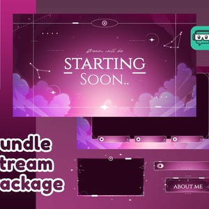 以下が含まれることがあります： 紫とピンクの配色が施されたデジタルストリームパッケージ。メイングラフィックには、星座のデザインで「Starting Soon」と表示されています。追加のグラフィックには、「About Me」ボタンとチャットボックスが含まれています。