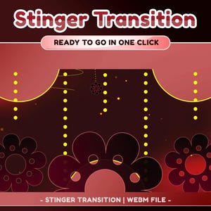May include: A digital graphic with the text "Stinger Transition" in a stylized font. The image features a red and maroon gradient background with floral and dot patterns. The text "READY TO GO IN ONE CLICK" is also present.