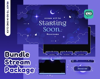 Moonlit Flutter Animated Stream Overlay Twitch Bundle, Night Sky Theme, Dreamy Overlay, Blue Purple Vtuber Theme, Moon And Stars Overlay