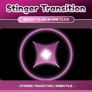 以下が含まれることがあります： 白字で「Stinger Transition」と書かれたデジタルグラフィックで、ピンクのグラデーションの背景があります。グラフィックには、中央にスターバーストのデザインがある光るピンク色の円が含まれています。「Ready to go in one click」というテキストも表示されています。
