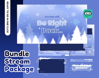 Puede incluir: Un paquete de superposiciones de transmisión digital en azul y blanco con temática invernal. El gráfico principal dice "Be Right Back" con un fondo de bosque nevado. Incluye elementos de superposición como cuadros de chat y una sección "About Me".