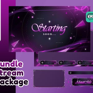 May include: A digital stream package with a dark purple and pink color scheme. The main screen displays "Starting soon..." in elegant script. Additional elements include overlay panels and a banner with "About Me". The package is labeled "Bundle Stream Package".