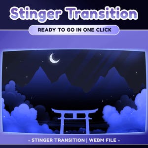 以下が含まれることがあります： 白と紫の文字で「Stinger Transition」と書かれたデジタルグラフィック。三日月、山、伝統的な日本の門がある夜のシーンが特徴です。「READY TO GO IN ONE CLICK」というテキストも表示されています。