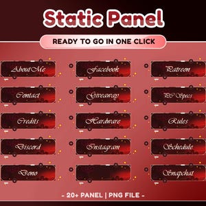 May include: A digital graphic with a burgundy gradient background featuring various rectangular panels. Each panel has a dark red background with white text, including "About Me," "Facebook," and "Patreon." The graphic is labeled "Static Panel" and "Ready to go in one click."