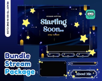 Pakiet strumieniowy Blue Starry Animated Stream Pack Twitch, nakładka Blue Night, nakładka Twitch z motywem gwiazdy, nakładka Dreamy Star, nakładka Cute Galaxy