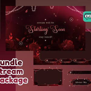 Pacote de transmissão animada de flores românticas para Twitch, Youtube, sobreposição vermelha e preta, sobreposição de transmissão de vibrações góticas, sobreposição de Twitch estética de rosas
