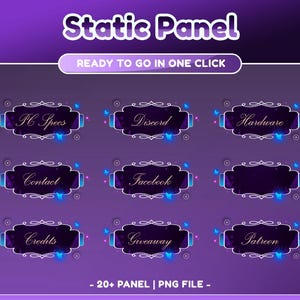 Puede incluir: Un gráfico púrpura con el texto "Static Panel" y "Ready to go in one click". Debajo hay nueve paneles decorativos con textos como "PC Specs", "Discord" y "Hardware". El gráfico también incluye el texto "20+ PANEL | PNG FILE".