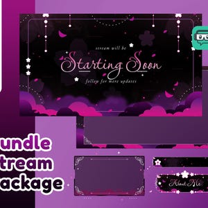 Yami Blossom Animated Stream Package Twitch Bundle, Pink Purple Gradient, Sakura Petals, Soft Cloud, Glowing Particle, Magical Hanging Light