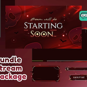 Shadow Skull Animated Stream Pack for Twitch, Youtube, Dark Red Halloween, Crimson Skull Stream Twitch, Gothic Bat And Bone Halloween Vibes