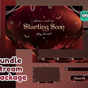 Puede incluir: Un paquete de transmisión digital con un esquema de color rojo oscuro y marrón. Incluye una pantalla de "Starting Soon", elementos de superposición y un título "Bundle Stream Package". El diseño presenta murciélagos, cadenas y detalles brillantes.