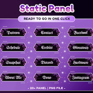May include: A digital graphic with a purple gradient background and white stars. The image features a set of 12 stylized buttons with text labels such as "Patreon", "Contact", and "Instagram". The text "Static Panel" is at the top.