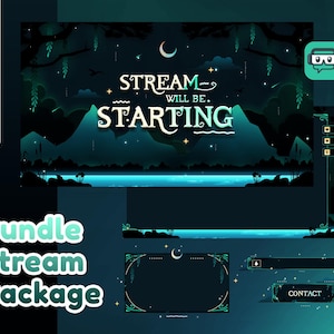 Pacchetto di streaming animati Nature Midnight per Twitch, Youtube, colore scuro del cielo, sovrapposizione di flusso di nuvole di luna verde, celeste, montagna, webcam, etichetta