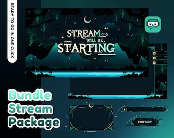 Nature Midnight Animated Stream Pack for Twitch,Youtube, Sky Dark Color, Green Moon Cloud Stream Overlay, Celestial, Mountain, Webcam, Label