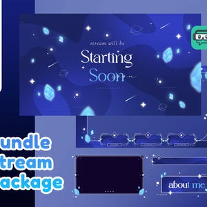 May include: A digital stream package with a blue and purple space theme. The design includes the text "Starting Soon" and "About Me". The package is labelled "Bundle Stream Package" and is ready to go in one click.