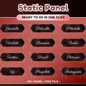 Peut inclure: Un ensemble de graphiques numériques avec des panneaux rouge foncé et des étiquettes en texte blanc : Youtube, Subscribe, Schedule, Website, Sponsors, Rules, Twitter, Social, Patreon, Tip, Snapchat et Instagram. L'en-tête indique Static Panel READY TO GO IN ONE CLICK.