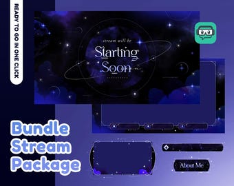 Cosmic Symphony Animated Stream Pack for Twitch, Youtube | Galaxy Theme | Astro | Dark Color | Panel | Overlay | Cute | Blue | Celestial