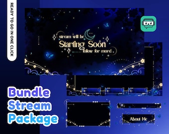 Animerat stream-överlägg med himmelsk horisont för Twitch, Youtube | Celestial-tema | Astro | Mörk färg | Panel | Överlägg | Söt | Blå | Måne