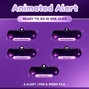 Op de afbeelding: Vijf geanimeerde Twitch-alert-afbeeldingen met een paars en zwart kleurenschema. Elke alert bevat een vlinder en een ander pictogram: een ster, een dollarteken, een hart, een groep mensen en een diamant. De tekst op elke alert luidt: "nieuwe abonnee", "nieuwe donatie", "nieuwe volger", "nieuwe raid" en "nieuwe cheer".