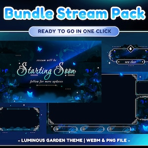 May include: A blue and black stream overlay pack with a luminous garden theme. The overlay includes a starting soon screen, a new cheer alert, a chat box, and a banner. The text "stream will be Starting Soon follow for more updates" is on the starting soon screen. The text "new cheer" is on the new cheer alert. The text "LUMINOUS GARDEN THEME | WEBM & PNG FILE -" is at the bottom of the image.