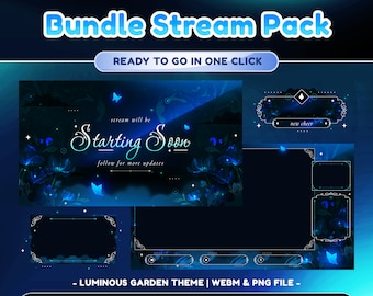 Luminous Garden Animated Stream Overlay for Twitch, Youtube, Celestial Overlay, Dark Blue Butterfly, Blue Twitch Overlay, Flower Cute Night