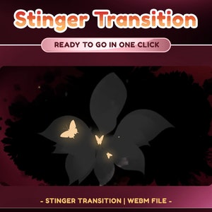 Può includere: Uno sfondo nero con una silhouette di fiore grigio scuro. Il fiore ha cinque petali e ci sono quattro farfalle gialle che volano intorno. Il testo "Stinger Transition | WEBM FILE" è nella parte inferiore dell'immagine.