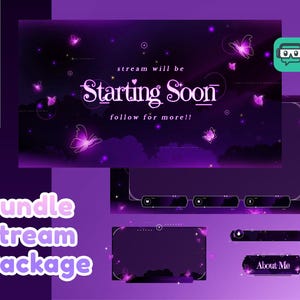 Velvet Flutter Animiertes Stream Paket für Twitch,Youtube | Himmlisches Thema | dunkle Farbe | Tafel | Niedliches Overlay | Lila | Zauberhafte Schmetterlinge