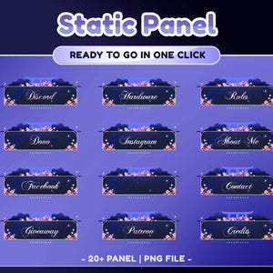 以下が含まれることがあります： 「Static Panel」と「Ready to go in one click」のテキストが入ったデジタルアートグラフィック。画像には、「Discord」、「Hardware」、「Rules」などのラベルが付いた10個の長方形パネルがあります。各パネルは、花柄と建築要素を備えた濃い青色の背景を持っています。