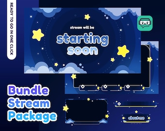 Cloudy Sky Animated Streamo] Overlay Package, Overlay for Twitch Youtube, Dreamy Overlay, Cozy Stream, Cute Gaming Overlay, Blue Star Vtuber