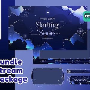 May include: A digital stream package with a dark blue and purple night sky theme. The design includes clouds, stars, and the text "Stream will be Starting Soon." Additional elements include overlay panels and a "About Me" section.