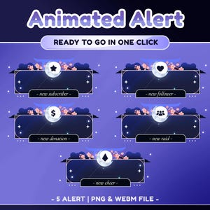 以下が含まれることがあります： 暗い青色の背景にアニメーション化されたアラートグラフィック。各アラートは、月と桜の装飾フレームを備えています。「new subscriber」、「new follower」、「new donation」、「new raid」、「new cheer」のテキストが含まれています。