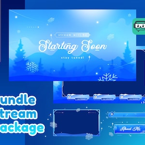 Paquete de transmisión animada de cielos nevados para Twitch, YouTube, superposición de cámara web de invierno, diseño de transmisión navideña, configuración de juegos en la nieve, superposición azul para Twitch