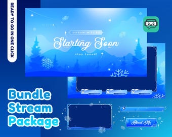 Paquete de transmisión animada de cielos nevados para Twitch, YouTube, superposición de cámara web invernal, diseño de transmisión navideña, configuración de juegos en la nieve, superposición azul para Twitch