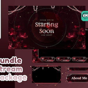 Puede incluir: Un paquete de transmisión digital con un diseño floral rojo oscuro y negro. El paquete incluye superposiciones, pancartas y una pantalla "Starting Soon". El texto incluye "Bundle Stream Package" y "About Me".
