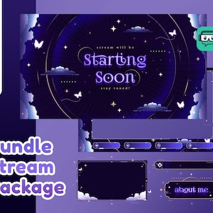 Könnte beinhalten: Ein digitales Stream-Paket mit einem violett-blauen Himmels-Thema. Das Design enthält den Text "Starting Soon" und "Bundle Stream Package". Zusätzliche Elemente sind Wolken, Sterne und Schmetterlinge. Das Paket ist mit einem Klick einsatzbereit.