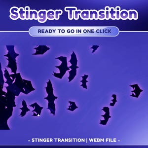 May include: A purple background with the text "Stinger Transition" in white. Below the text is a white button with the text "READY TO GO IN ONE CLICK". The background is filled with black silhouettes of bats flying in different directions.