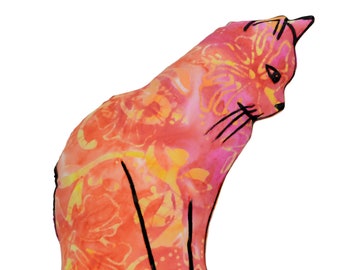 medium cat pillow-cat lover gift-animal pillow-kitty throw pillow-cat mom gift-cat profile shaped medium pink orange batik fabric pillow