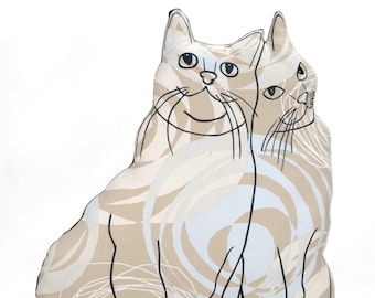 Extra Large Cat Couple Pillow: Hand-Drawn Tan & Blue Swirl Fabric
