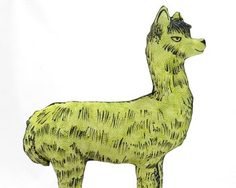 llama pillow-alpaca plushie-animal lover gift-llama lover-alpaca lover-hand drawn llama pillow-green dotted batik cotton fabric pillow