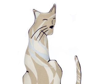 Handmade Cat Pillow: Tan Blue Swirl Fabric, Black Line Art