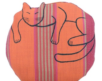 cat pillow-medium pillow-kitty shaped-kitty pillow-cat lover gift-pet lover-cat draped on round pillow-fruit stripe woven cotton fabric