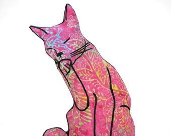 medium cat pillow-kitty pillow-pet lover-cat lady gift-cat mom-animal pillow-cat lover gift-cat licking paw shaped-pink batik cotton fabric